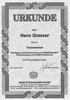 Urkunde für Hans Grasser zum Seminar über Reinigung von Metallfassaden und Graffiti-Entfernung.